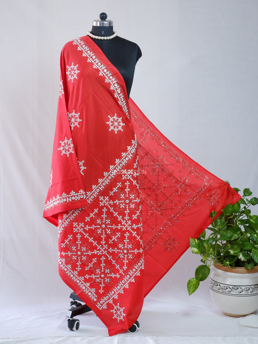 Kutchi Work Dupatta | Blended Bangalore Silk | Foil Mirror | Red