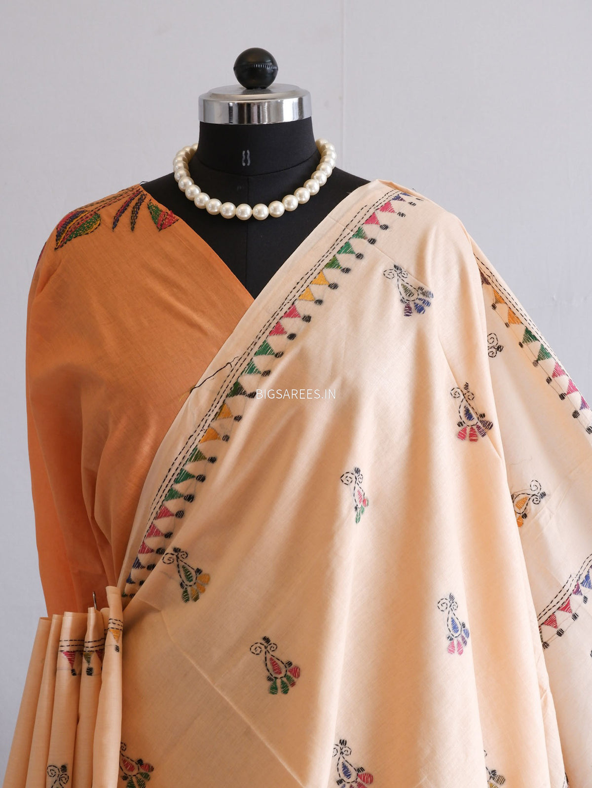 Kantha Hand-Embroidered Saree | Pure Mal Mal Cotton | Pale Orange