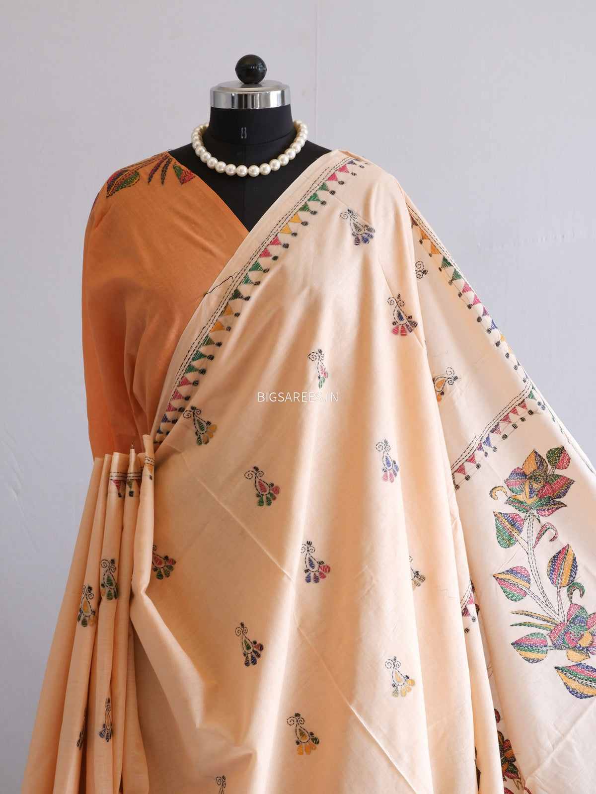 Kantha Hand-Embroidered Saree | Pure Mal Mal Cotton | Pale Orange