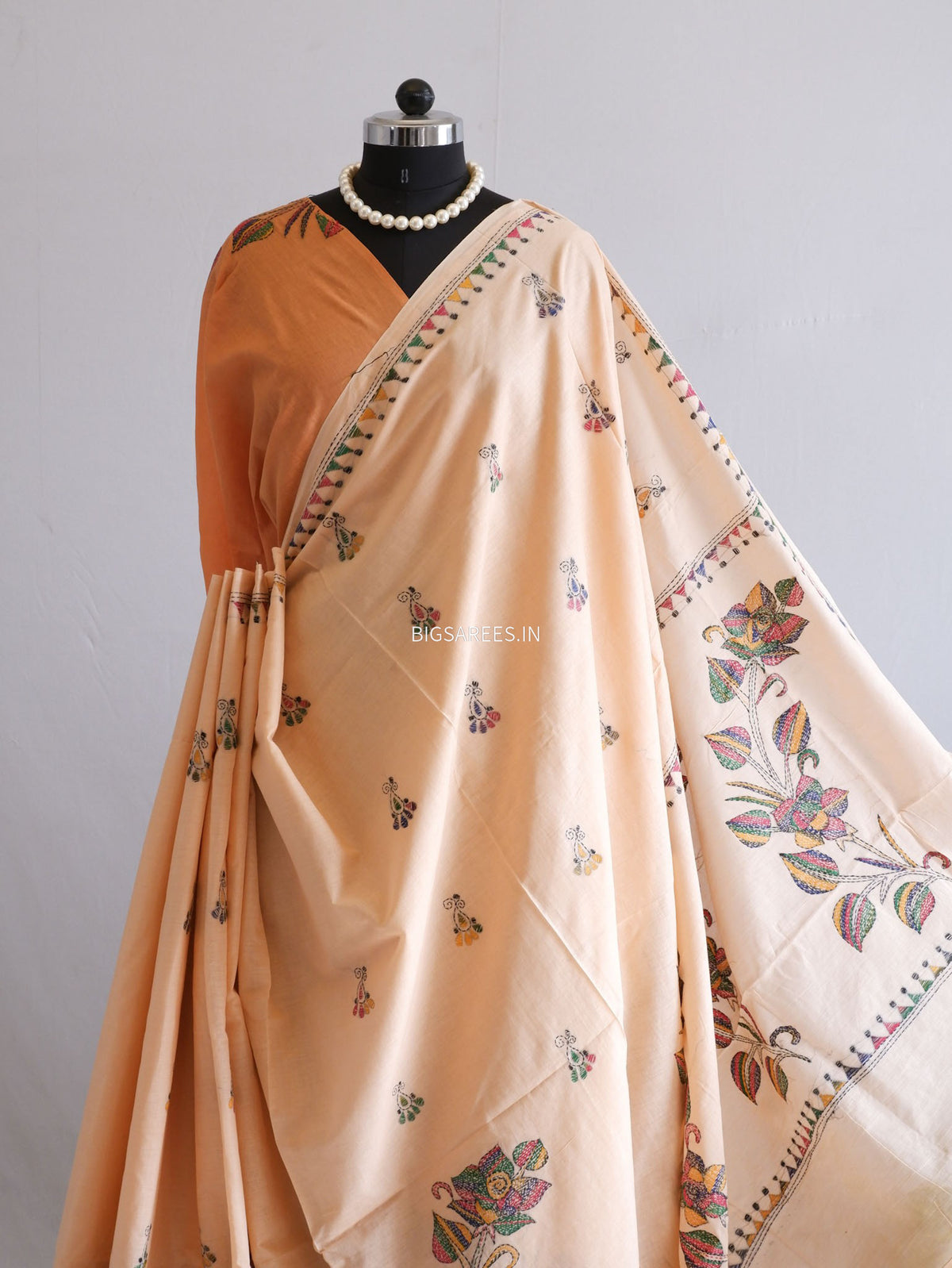 Kantha Hand-Embroidered Saree | Pure Mal Mal Cotton | Pale Orange
