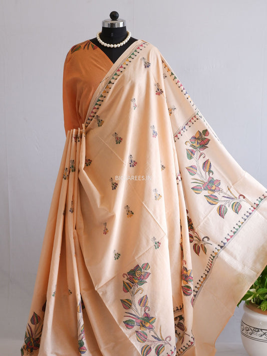 Kantha Hand-Embroidered Saree | Pure Mal Mal Cotton | Pale Orange
