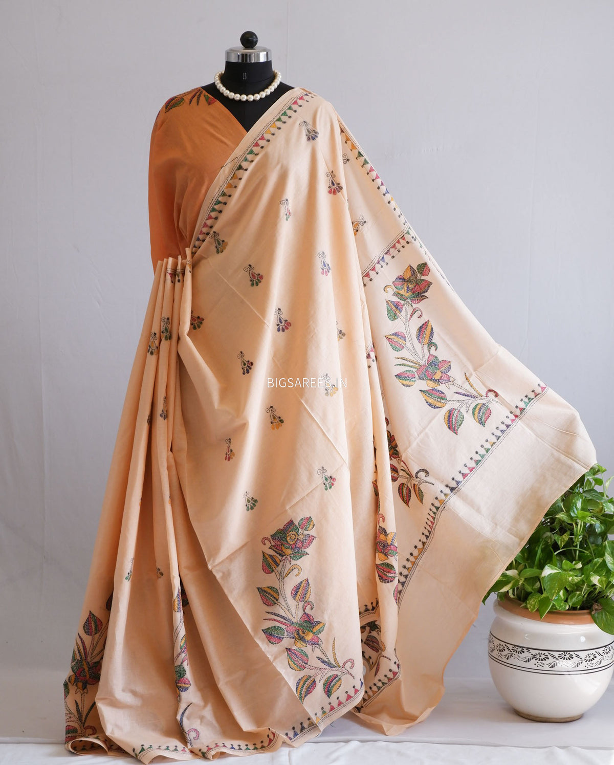 Kantha Hand-Embroidered Saree | Pure Mal Mal Cotton | Pale Orange