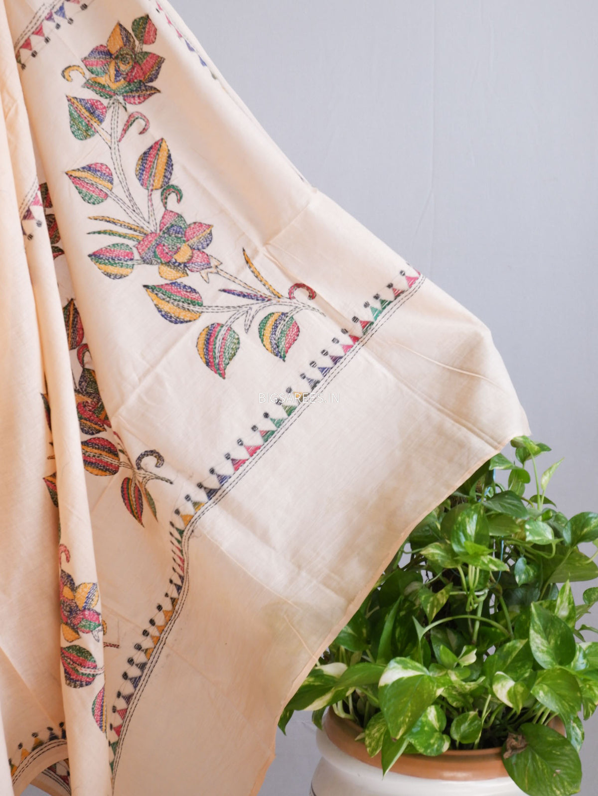 Kantha Hand-Embroidered Saree | Pure Mal Mal Cotton | Pale Orange