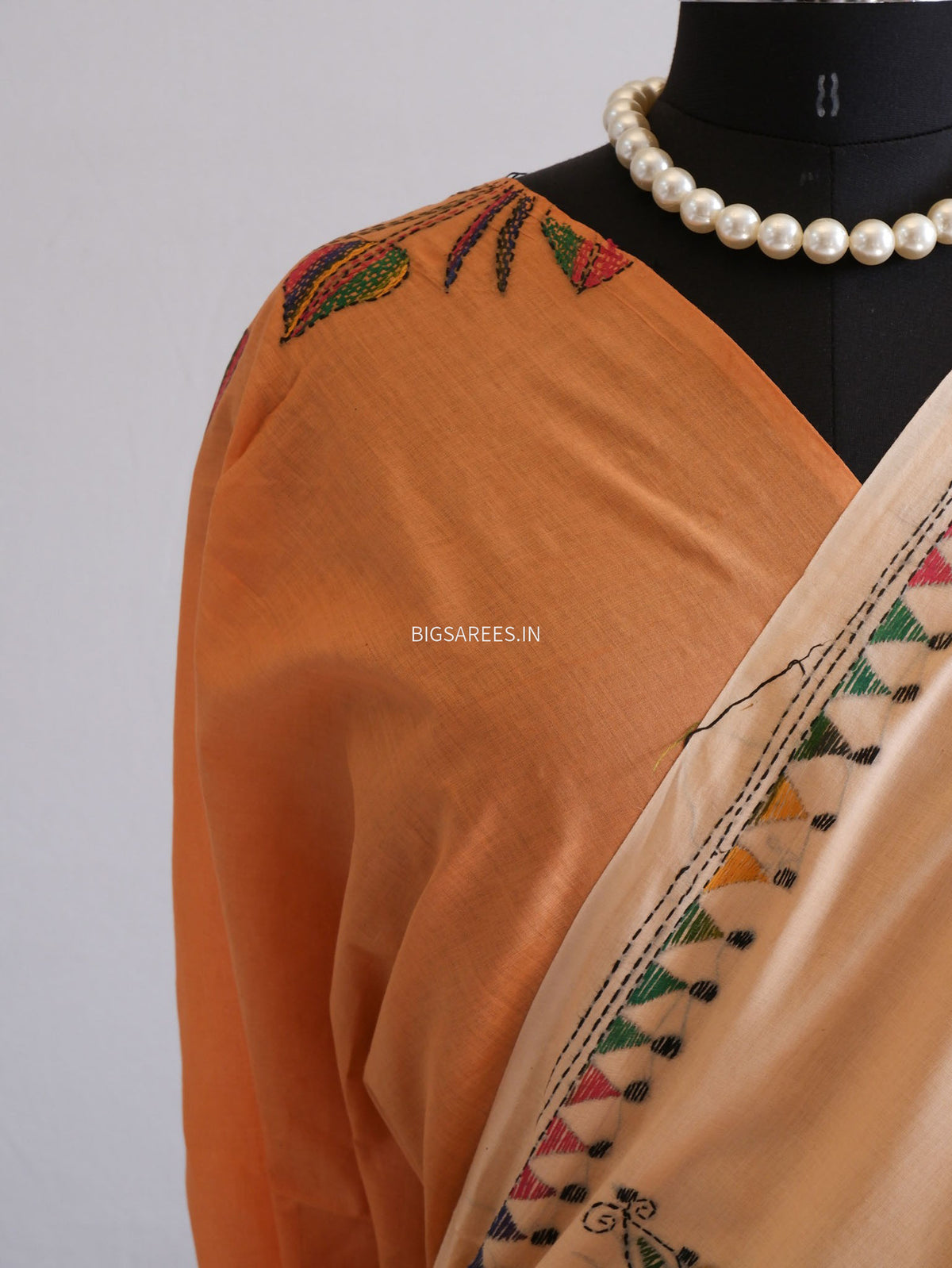 Kantha Hand-Embroidered Saree | Pure Mal Mal Cotton | Pale Orange