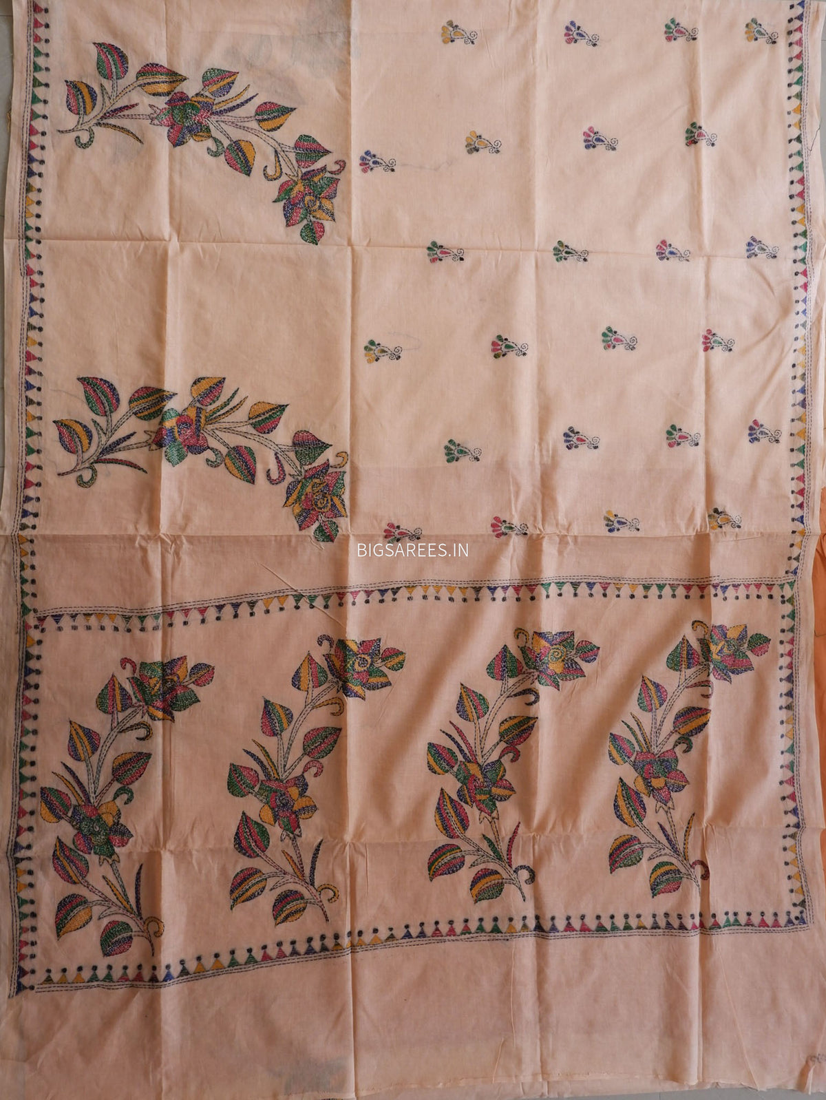 Kantha Hand-Embroidered Saree | Pure Mal Mal Cotton | Pale Orange
