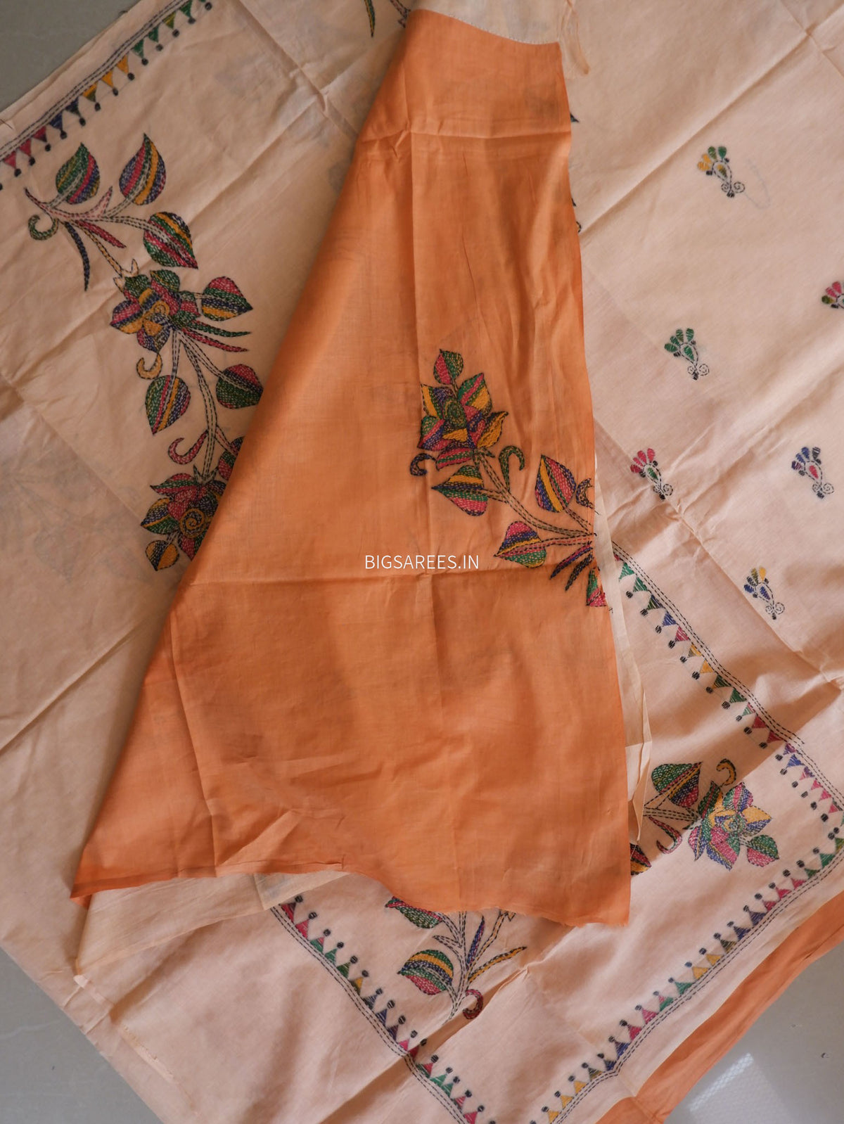 Kantha Hand-Embroidered Saree | Pure Mal Mal Cotton | Pale Orange