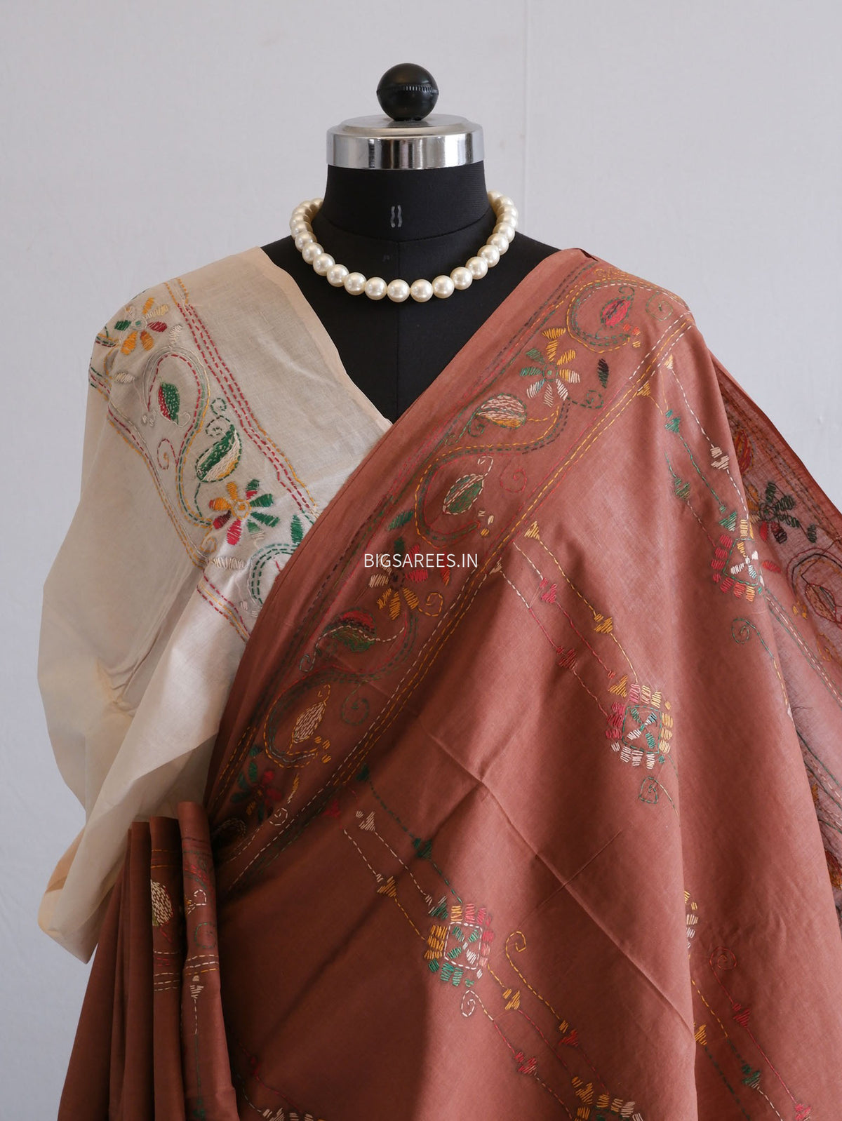 Kantha Stitch Hand Embroidered Saree | Mal Mal Cotton |  Brown