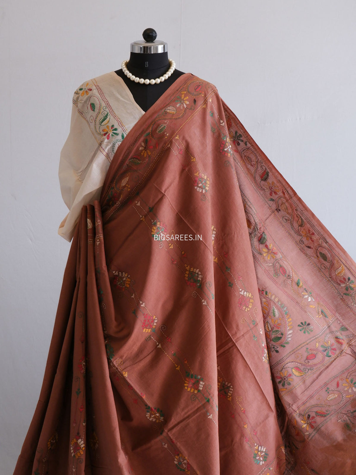 Kantha Stitch Hand Embroidered Saree | Mal Mal Cotton |  Brown