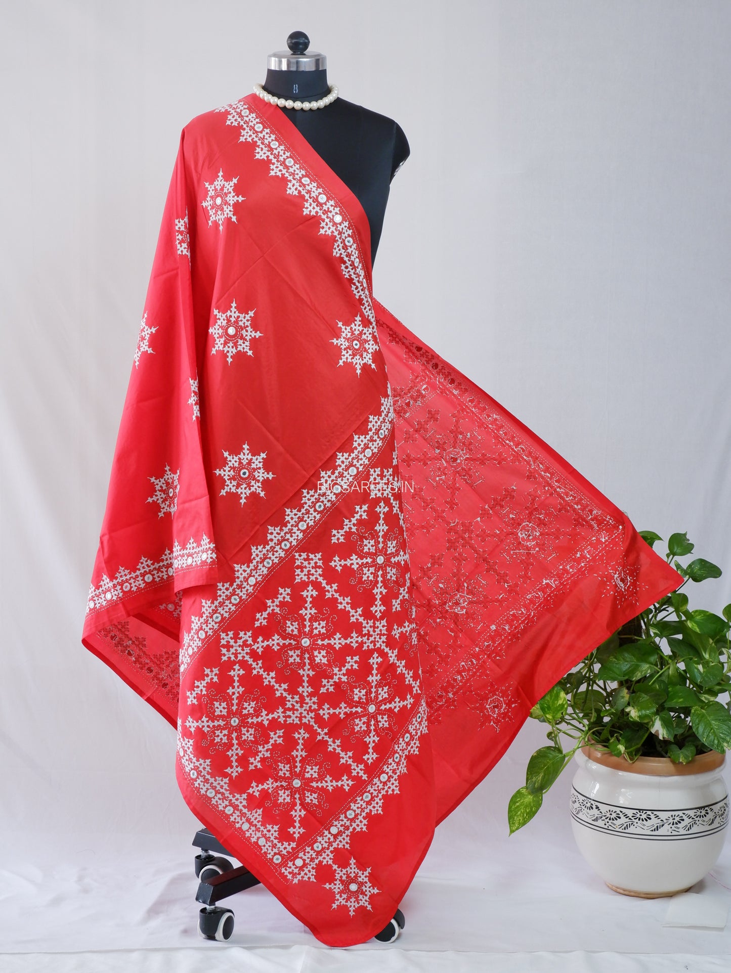 Kutchi Work Dupatta | Blended Bangalore Silk | Foil Mirror | Red