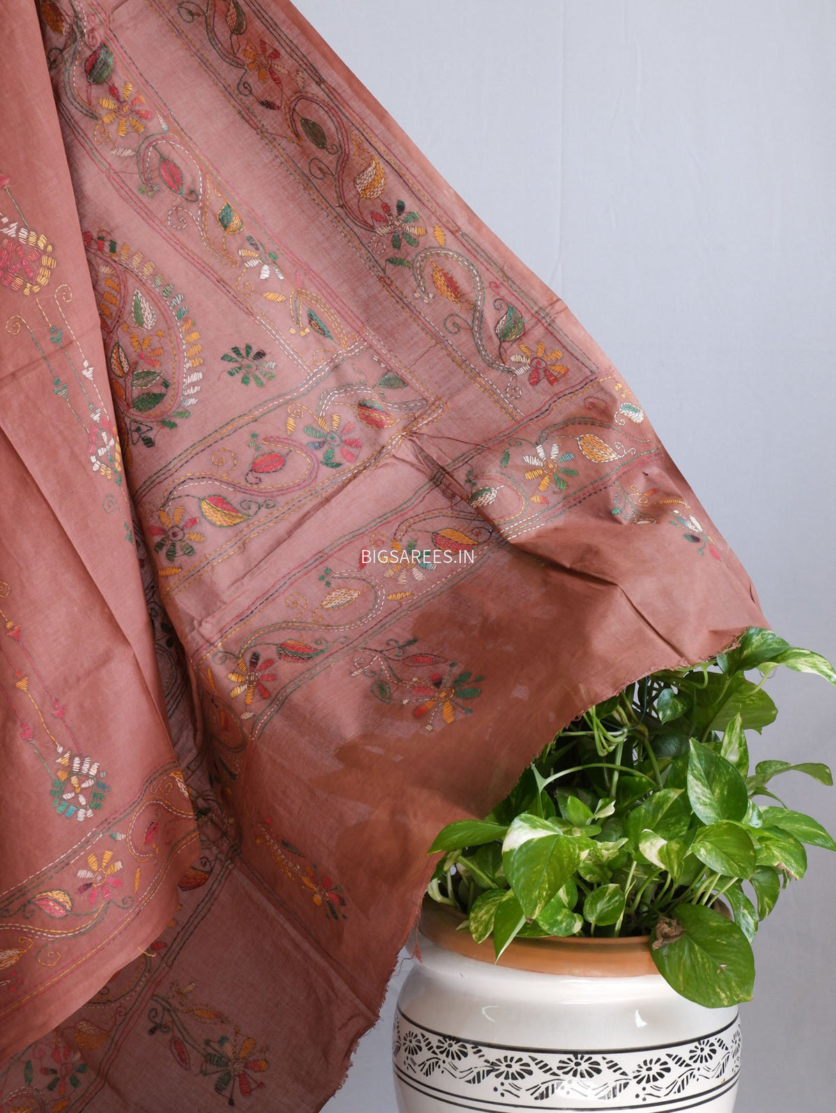 Kantha Stitch Hand Embroidered Saree | Mal Mal Cotton |  Brown