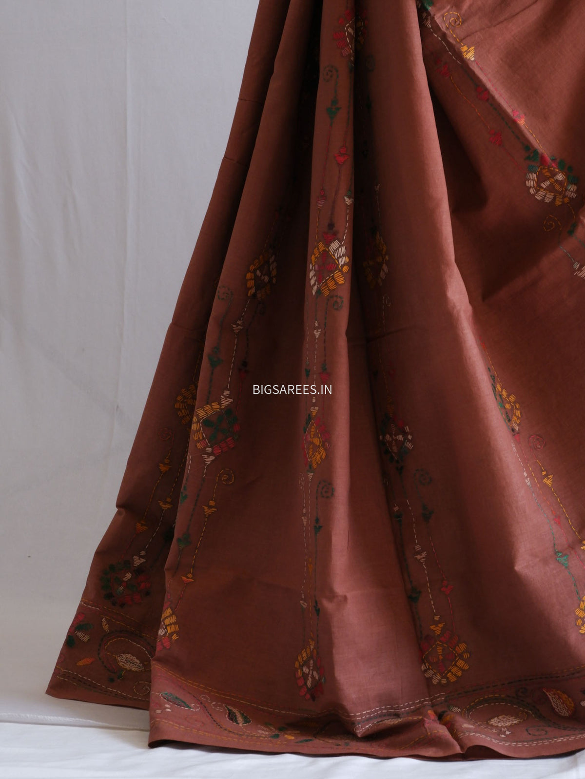 Kantha Stitch Hand Embroidered Saree | Mal Mal Cotton |  Brown