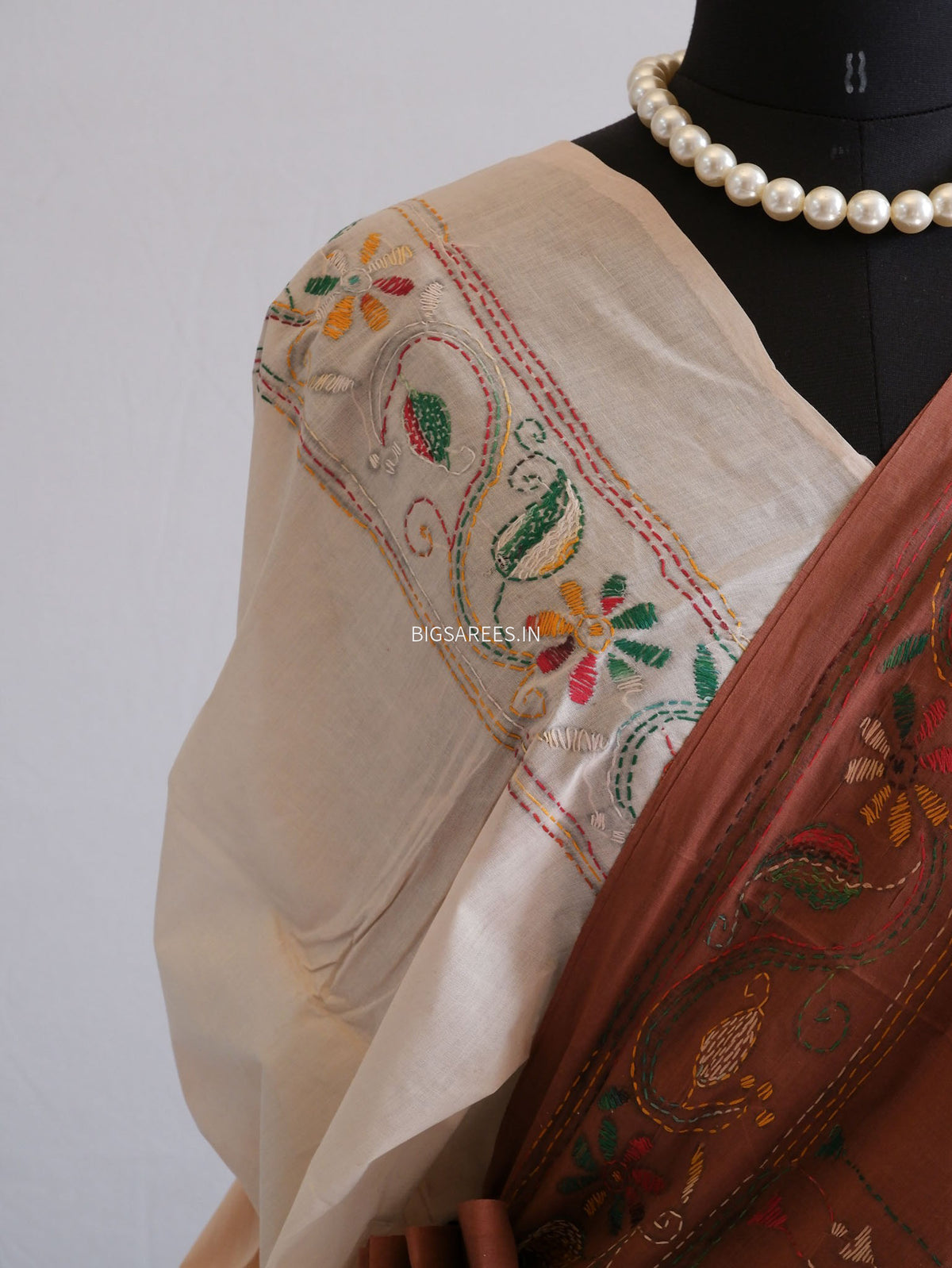 Kantha Stitch Hand Embroidered Saree | Mal Mal Cotton |  Brown