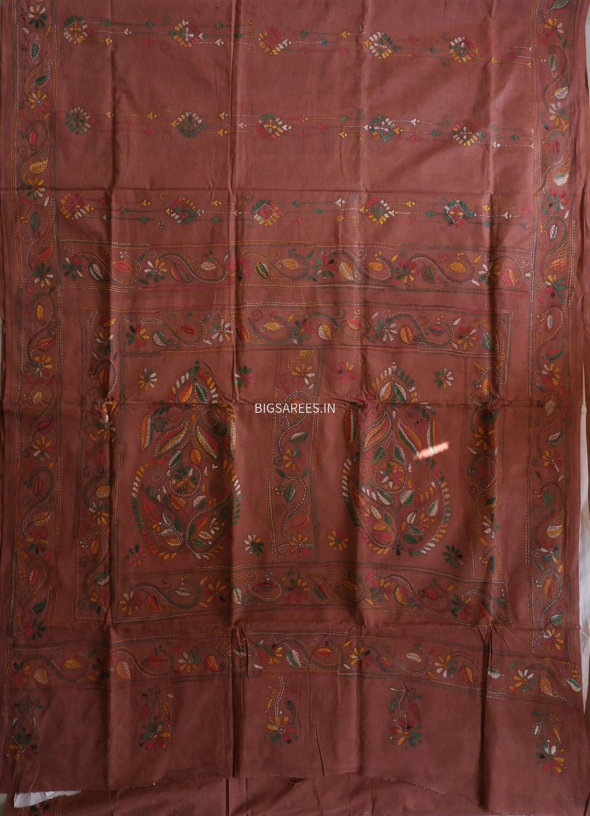 Kantha Stitch Hand Embroidered Saree | Mal Mal Cotton |  Brown