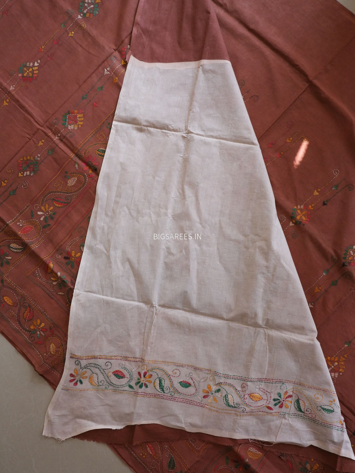 Kantha Stitch Hand Embroidered Saree | Mal Mal Cotton |  Brown
