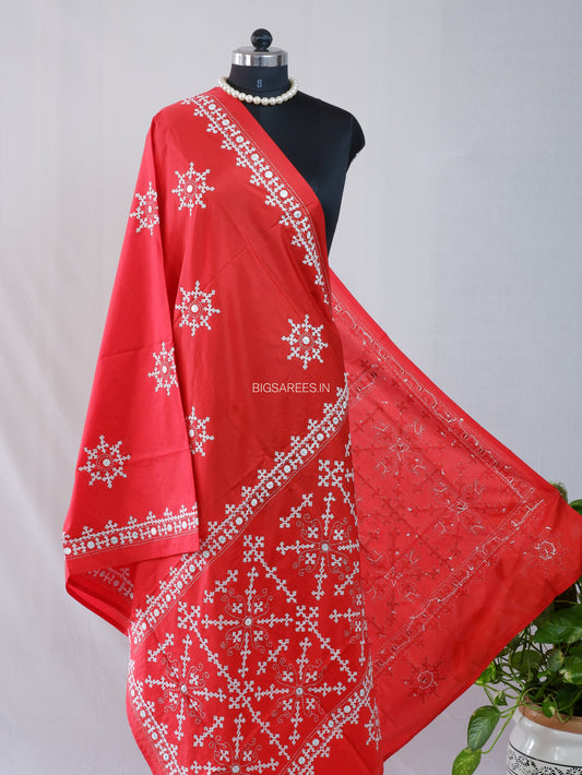 Kutchi Work Dupatta | Blended Bangalore Silk | Foil Mirror | Red