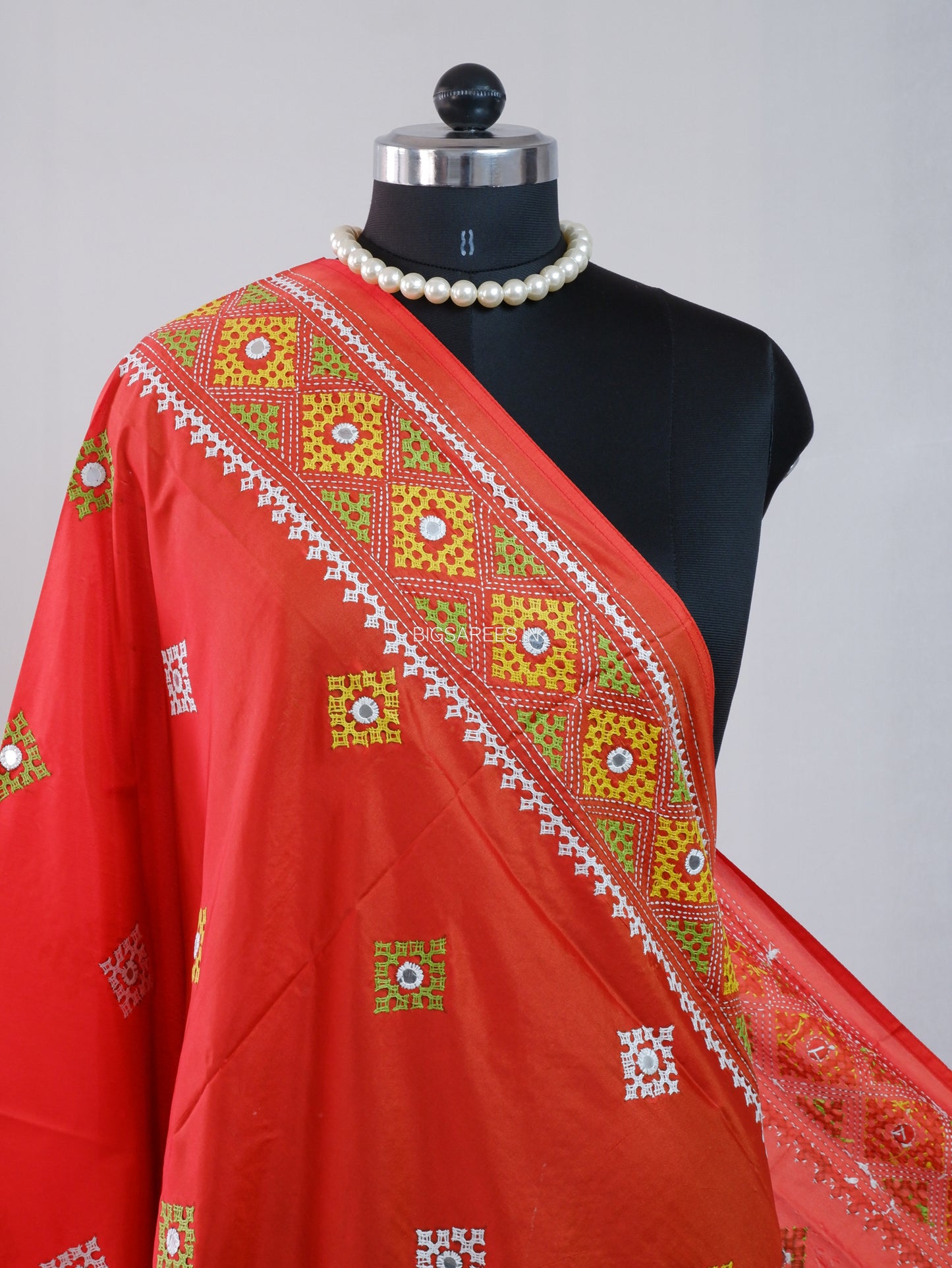 Kutchi Work Dupatta | Blended Bangalore Silk | Foil Mirror | Red