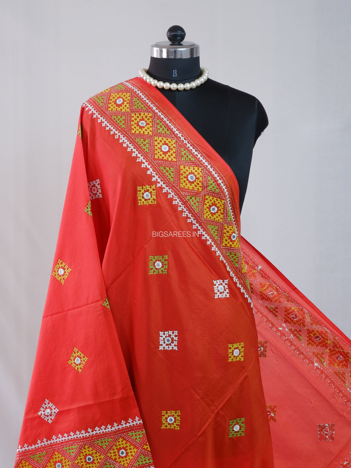 Kutchi Work Dupatta | Blended Bangalore Silk | Foil Mirror | Red