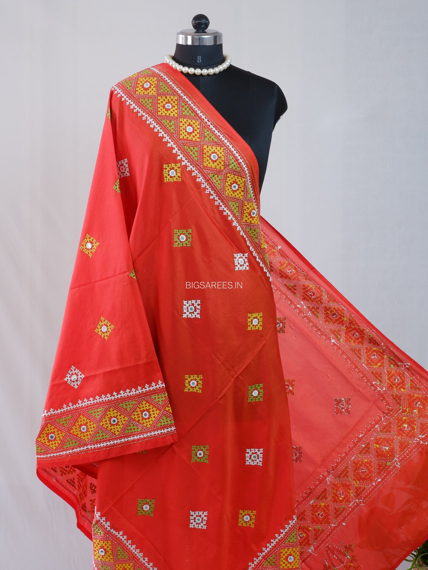 Kutchi Work Dupatta | Blended Bangalore Silk | Foil Mirror | Red