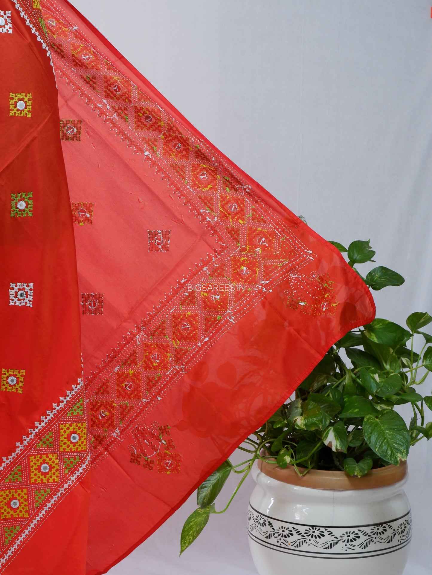Kutchi Work Dupatta | Blended Bangalore Silk | Foil Mirror | Red