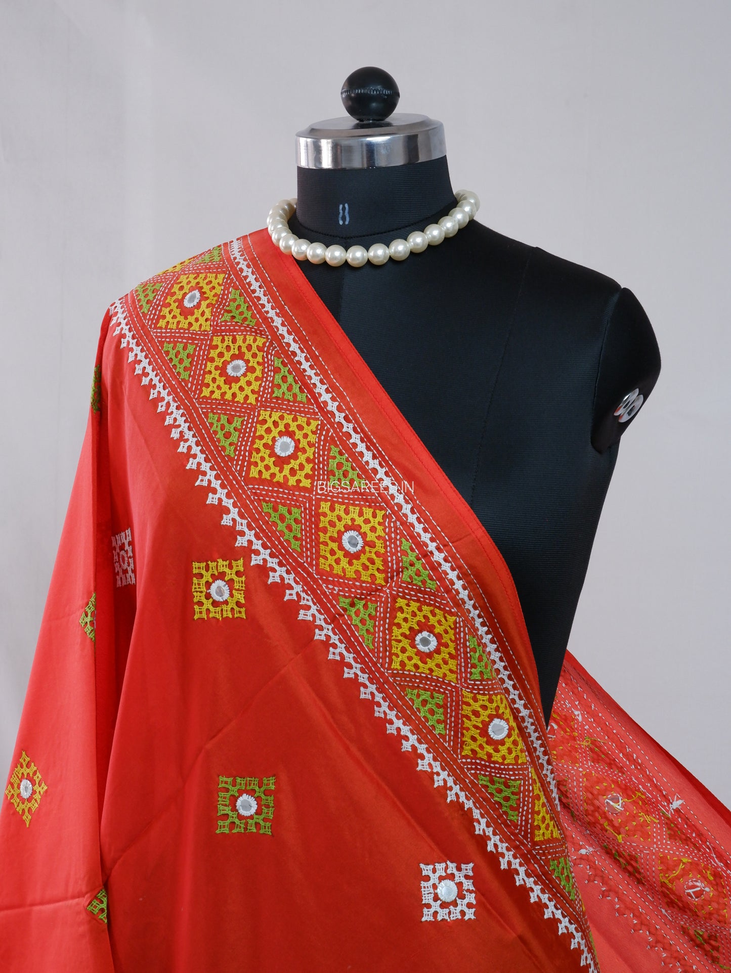 Kutchi Work Dupatta | Blended Bangalore Silk | Foil Mirror | Red