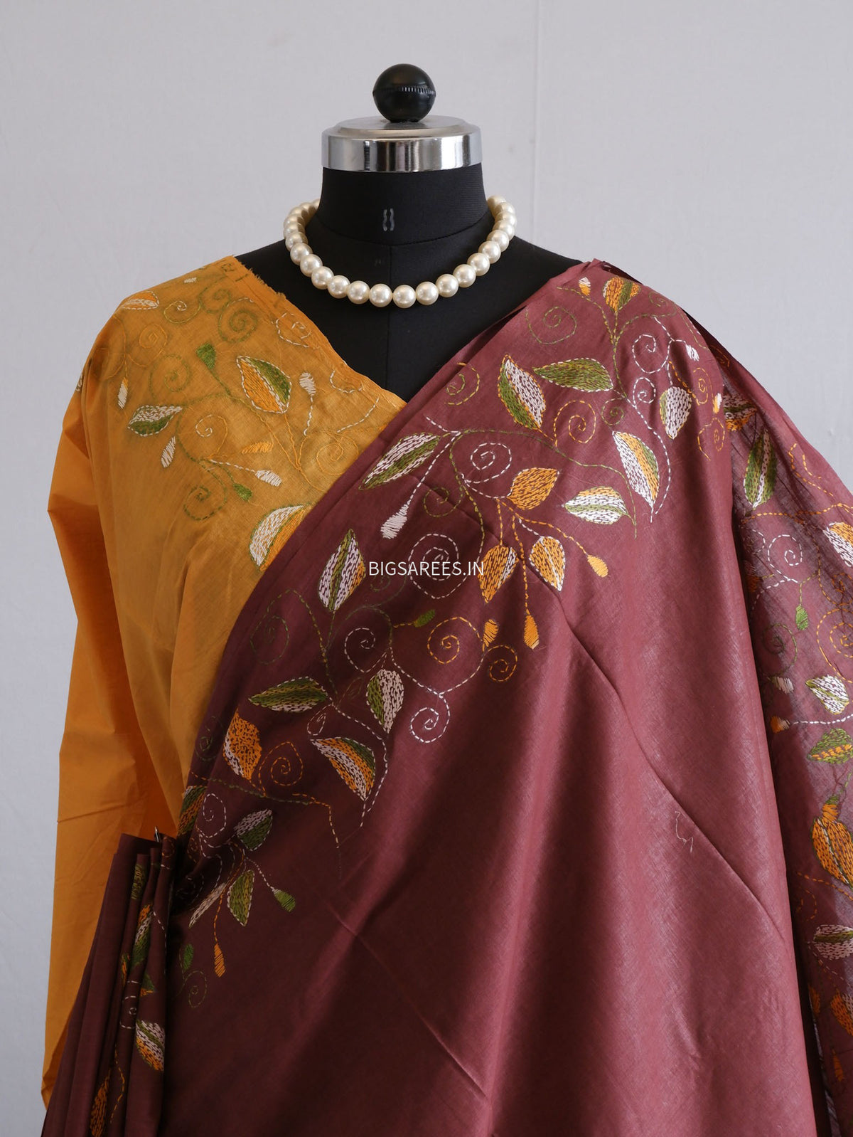 Kantha Hand-Embroidered Saree | Pure Mal Mal Cotton | Brown