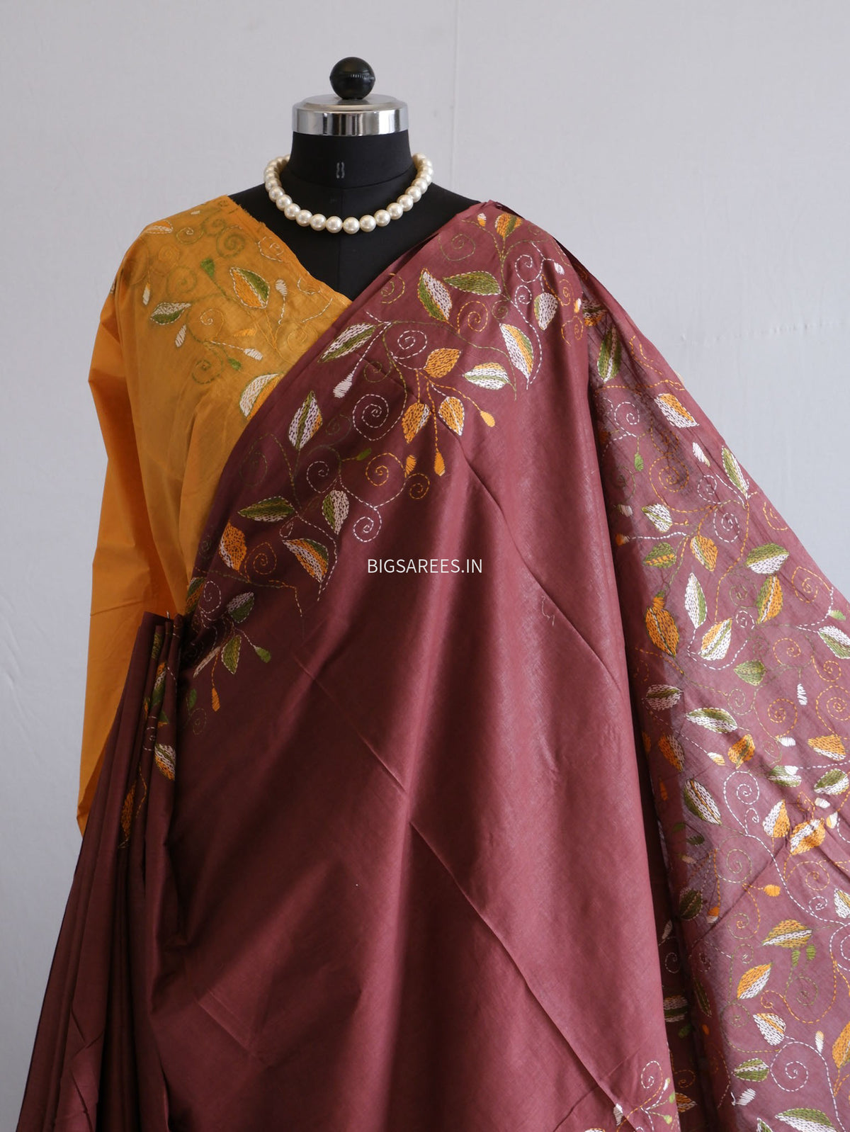 Kantha Hand-Embroidered Saree | Pure Mal Mal Cotton | Brown
