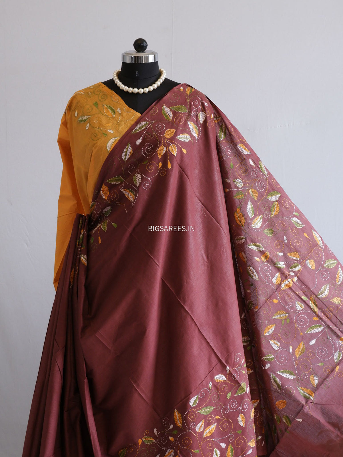 Kantha Hand-Embroidered Saree | Pure Mal Mal Cotton | Brown