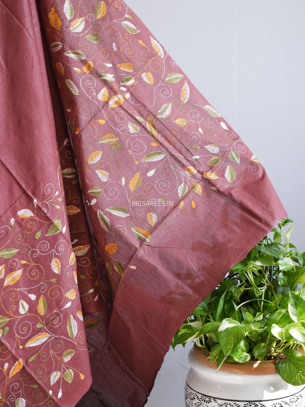 Kantha Hand-Embroidered Saree | Pure Mal Mal Cotton | Brown