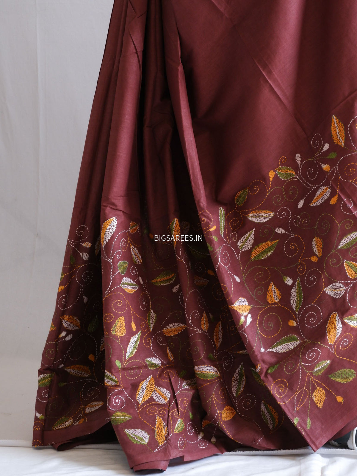Kantha Hand-Embroidered Saree | Pure Mal Mal Cotton | Brown