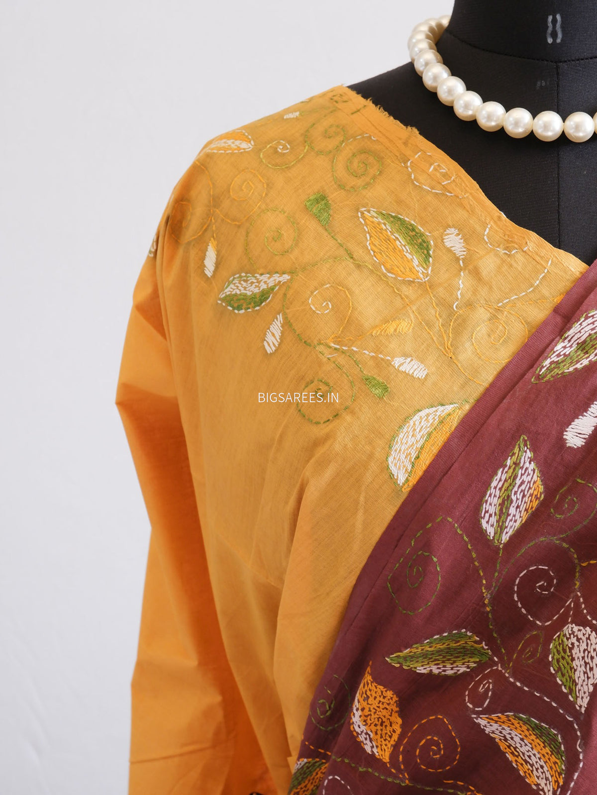 Kantha Hand-Embroidered Saree | Pure Mal Mal Cotton | Brown