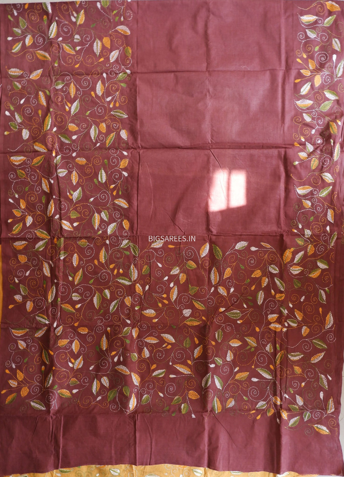 Kantha Hand-Embroidered Saree | Pure Mal Mal Cotton | Brown