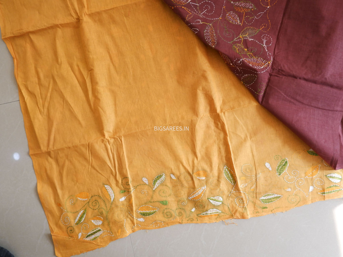 Kantha Hand-Embroidered Saree | Pure Mal Mal Cotton | Brown