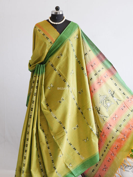 Kantha Stitch Hand-Embroidered Saree | Khadi Cotton | Green