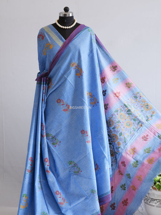 Kantha Hand-Embroidered Saree | Pure Khadi Cotton | Blue
