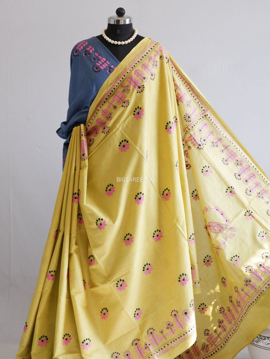 Kantha Hand-Embroidered Saree | Pure Khadi Cotton | Yellow