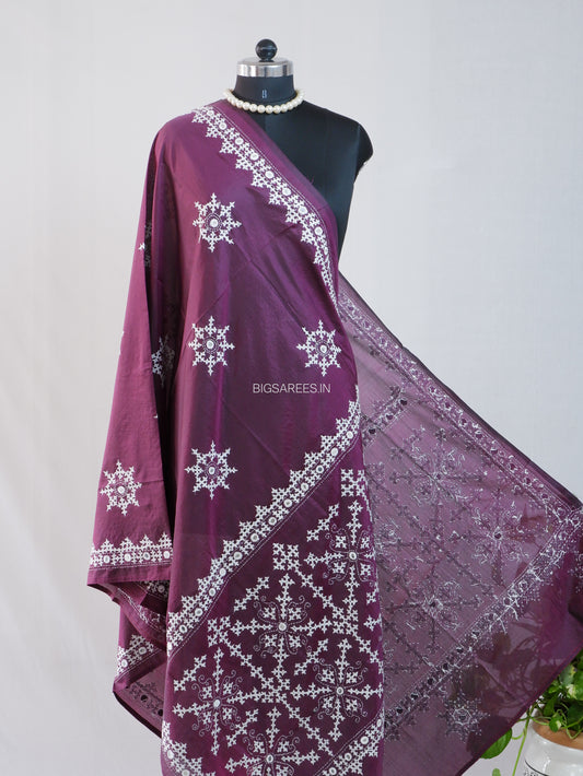 Kutchi Work Dupatta | Blended Bangalore Silk | Foil Mirror | Dark Purple