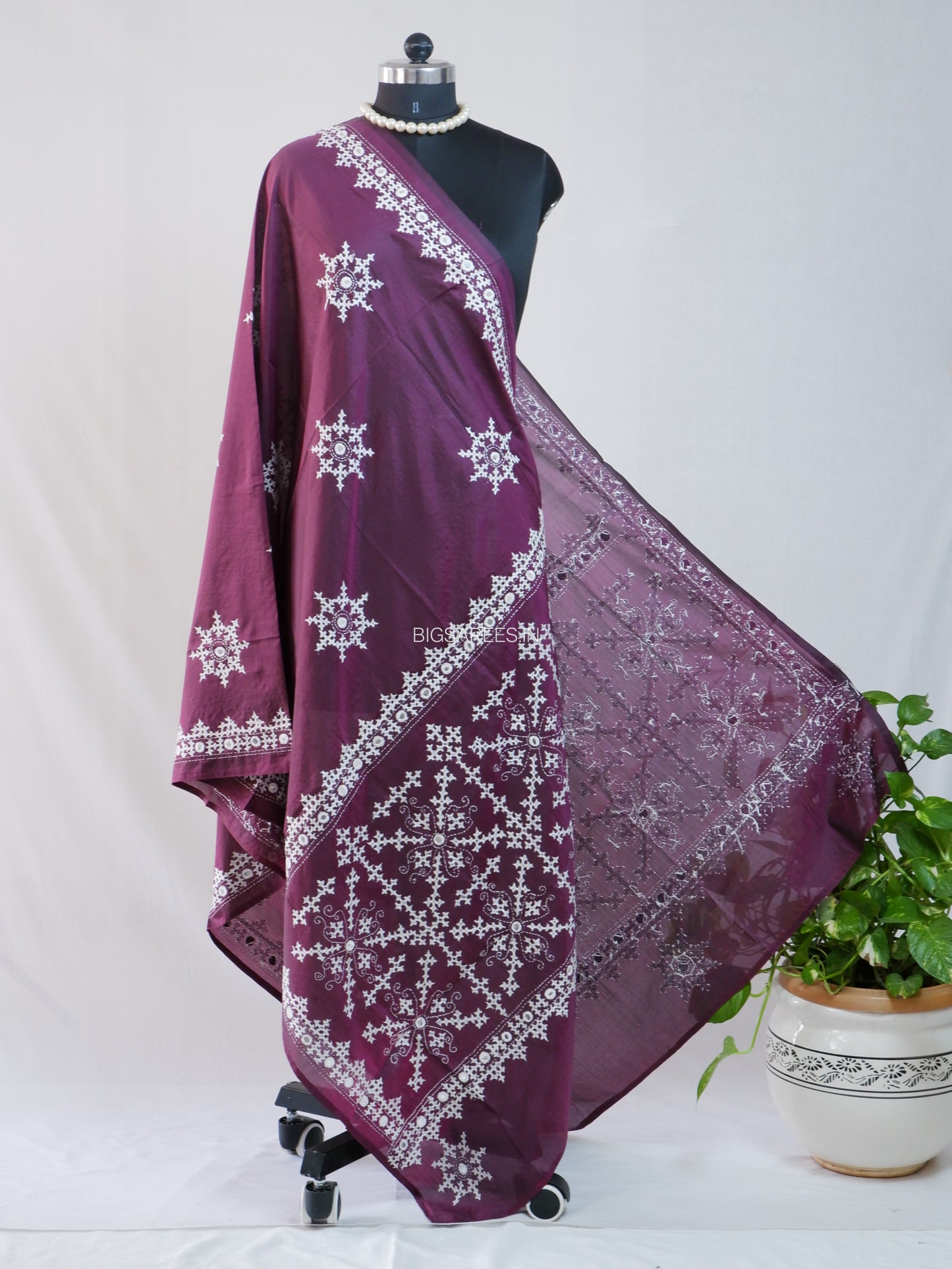 Kutchi Work Dupatta | Blended Bangalore Silk | Foil Mirror | Dark Purple