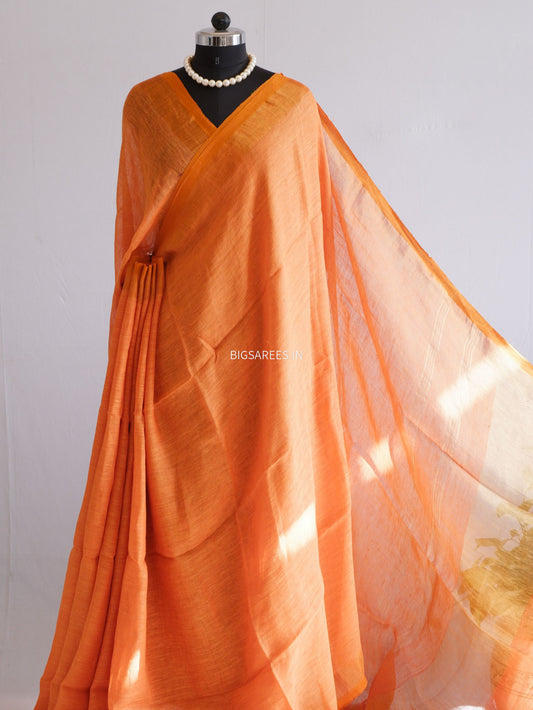 Pure Jayshree Linen Saree | Plain | Orange