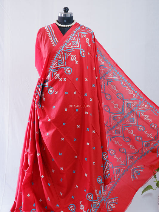 Kutchi/Gujarati Hand Embroidered Saree  | Blended Bangalore Silk / Art Silk | Red