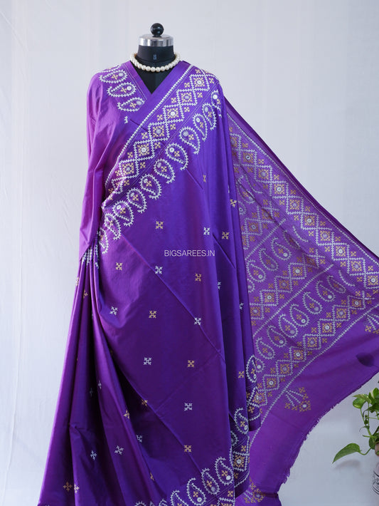 Kutchi/Gujarati Stitch Hand Embroidered Saree | Art Silk | Foil Mirror | Purple