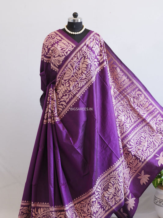 Kantha - Stitch Hand Embroidered Saree | Pure Bangalore Silk | Purple