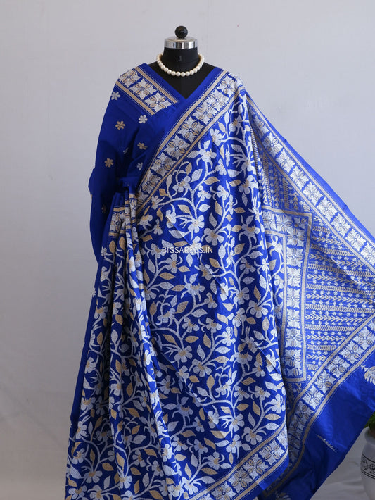 Kantha - Stitch Hand Embroidered Saree | Pure Bangalore Silk | Silk Mark Certified | Royal Blue