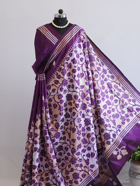 Reverse Kantha - Stitch Hand Embroidered Saree | Pure Bangalore Silk | Silk Mark Certified | Purple