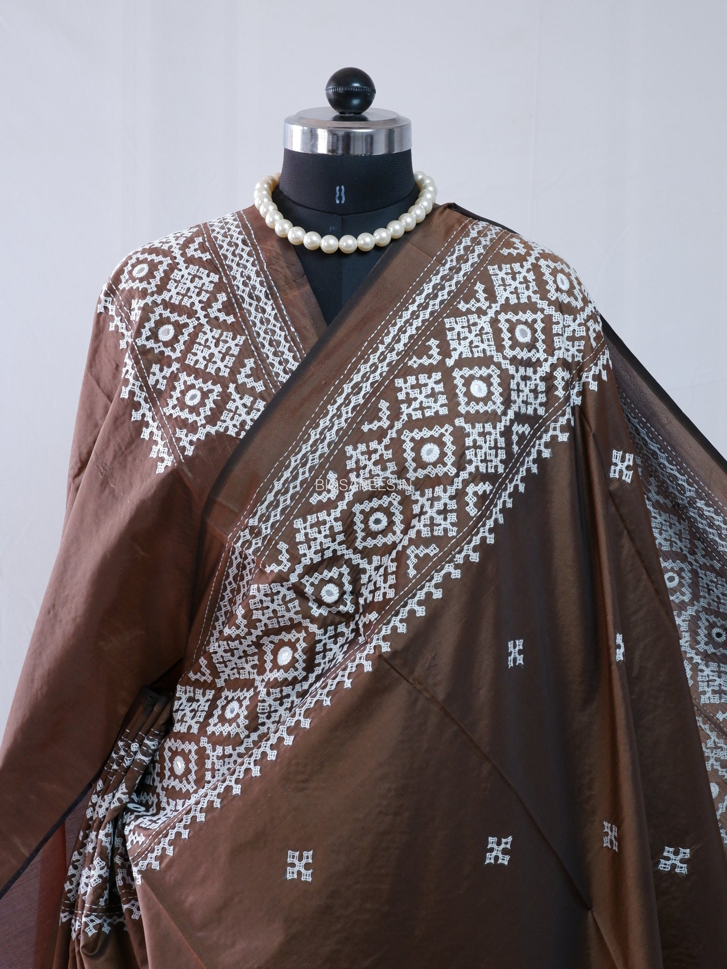 Kutchi/Gujarati Stitch Hand Embroidered Saree | Art Silk | Foil Mirror | Brown