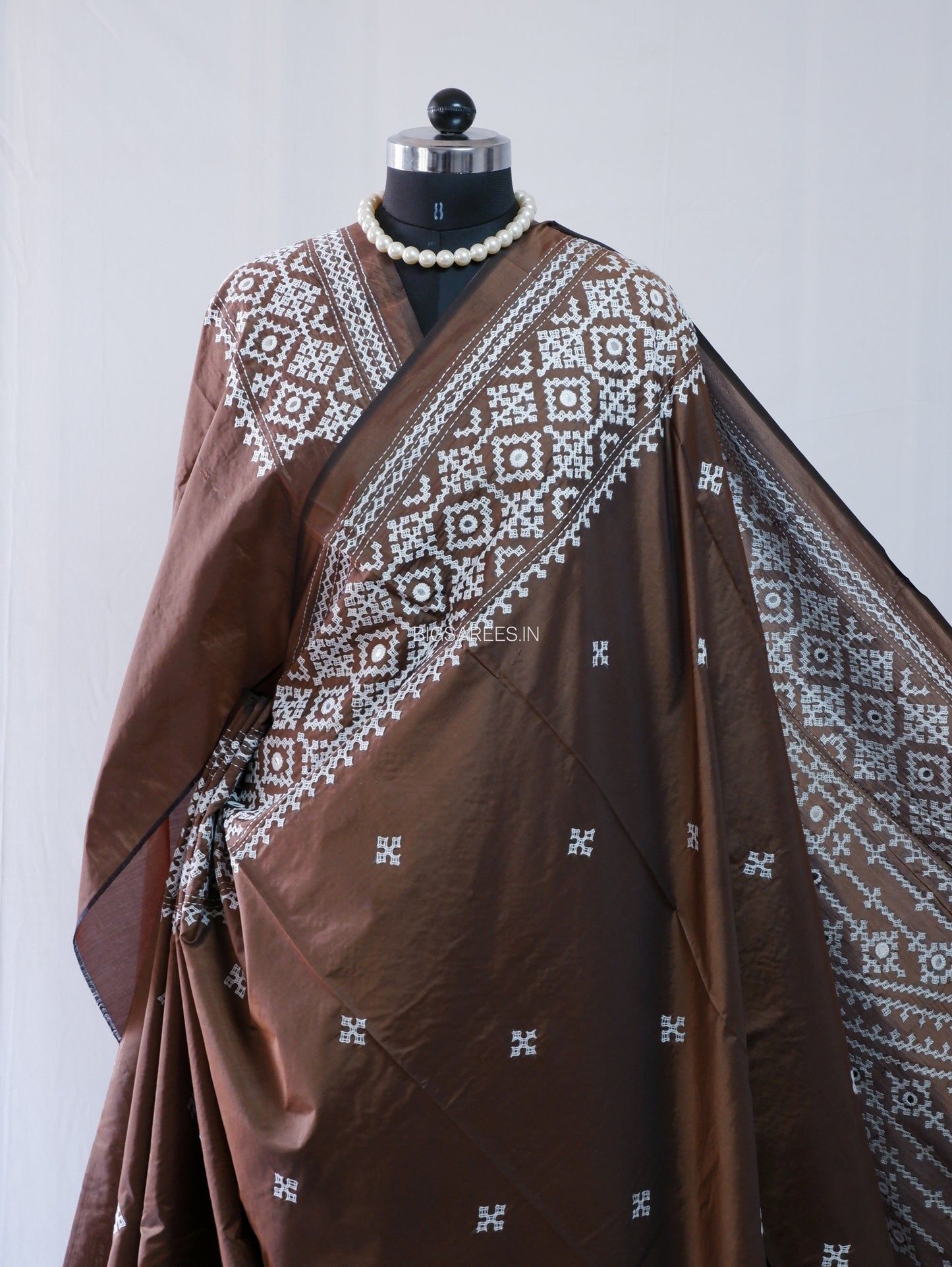 Kutchi/Gujarati Stitch Hand Embroidered Saree | Art Silk | Foil Mirror | Brown