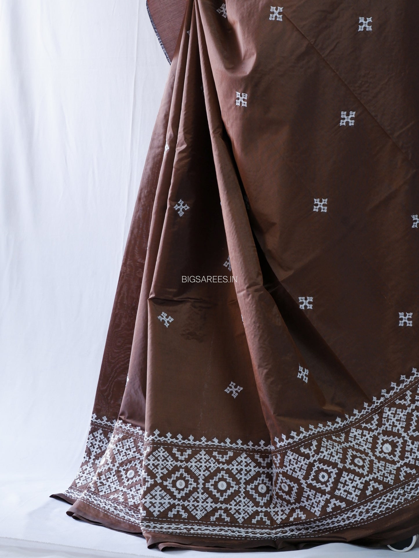 Kutchi/Gujarati Stitch Hand Embroidered Saree | Art Silk | Foil Mirror | Brown