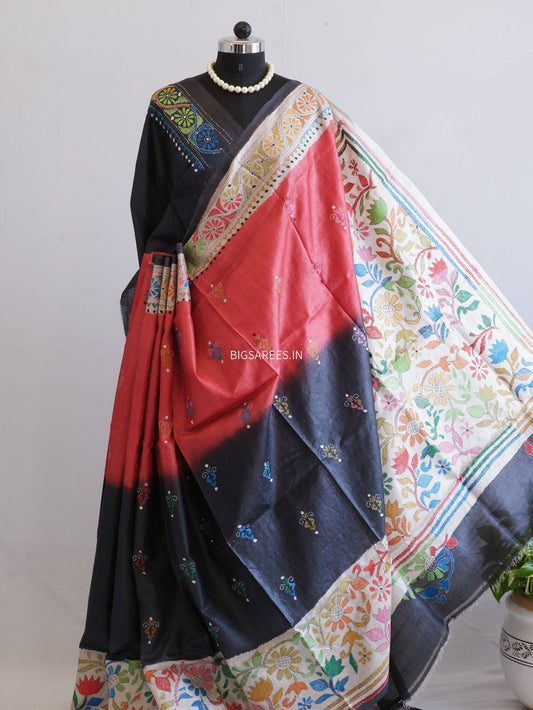 Kantha Stitch Hand Embroidered Saree | Pure Gachi Tussar Silk | Silk Mark Certified | Multi Color