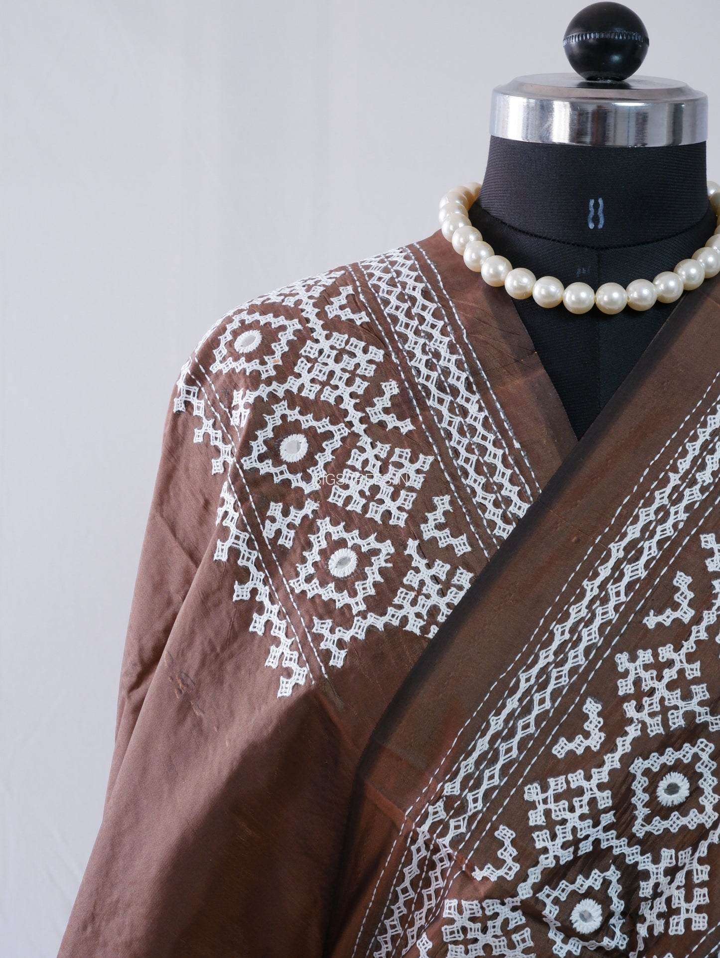 Kutchi/Gujarati Stitch Hand Embroidered Saree | Art Silk | Foil Mirror | Brown