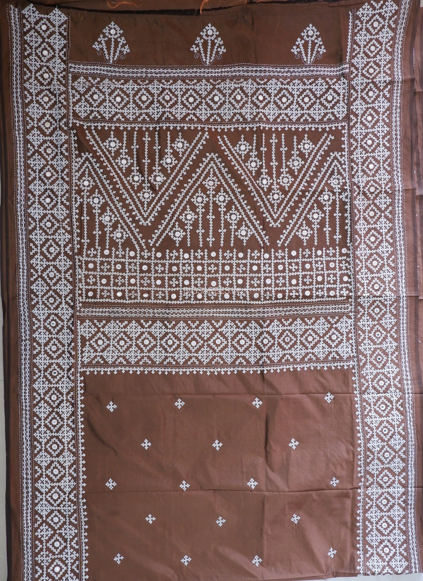 Kutchi/Gujarati Stitch Hand Embroidered Saree | Art Silk | Foil Mirror | Brown