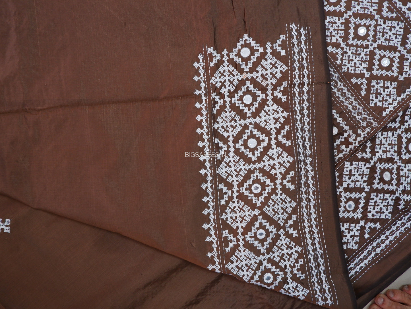 Kutchi/Gujarati Stitch Hand Embroidered Saree | Art Silk | Foil Mirror | Brown